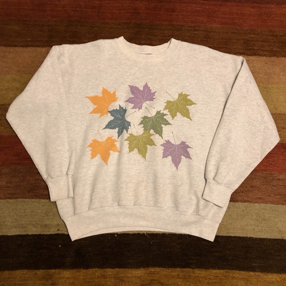Hanes Gray and Orange Crewneck Sweater with Autumn Leaf 🍁 - Picture 1 of 4